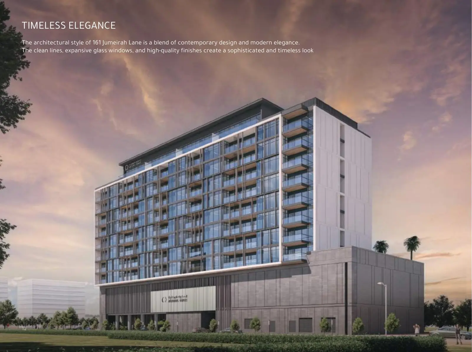 Glass facade with balconies at sunset