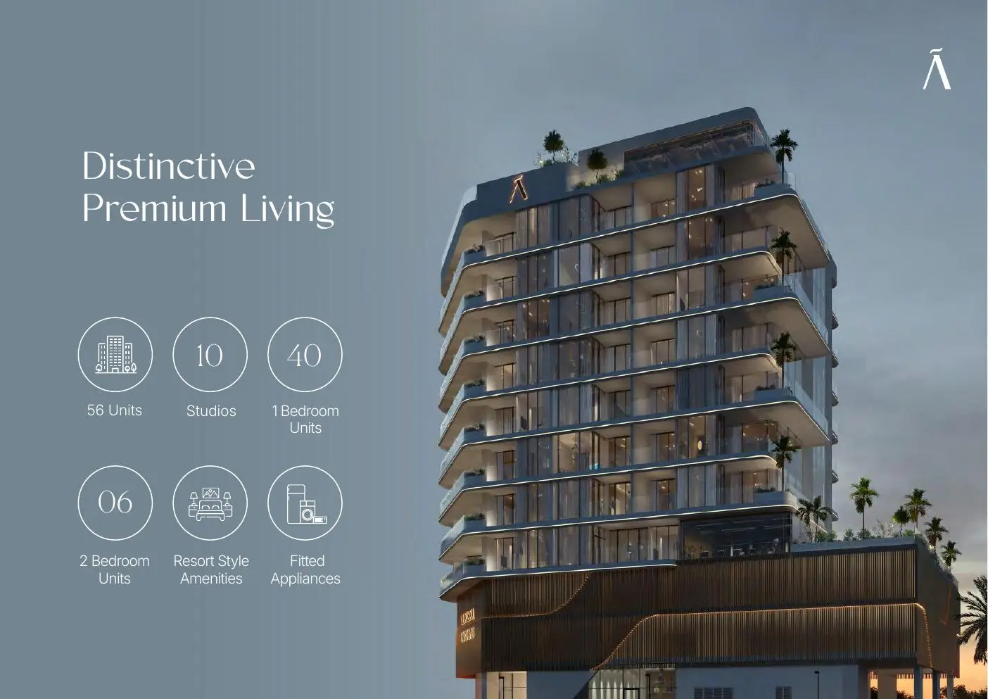 Tower at dusk with unit counts and features