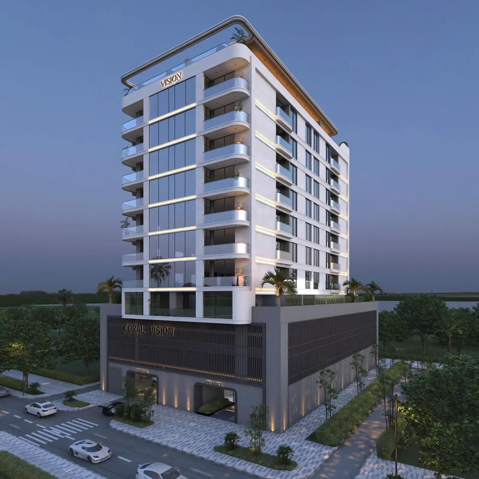 Coral tower at dusk with balconies and podium