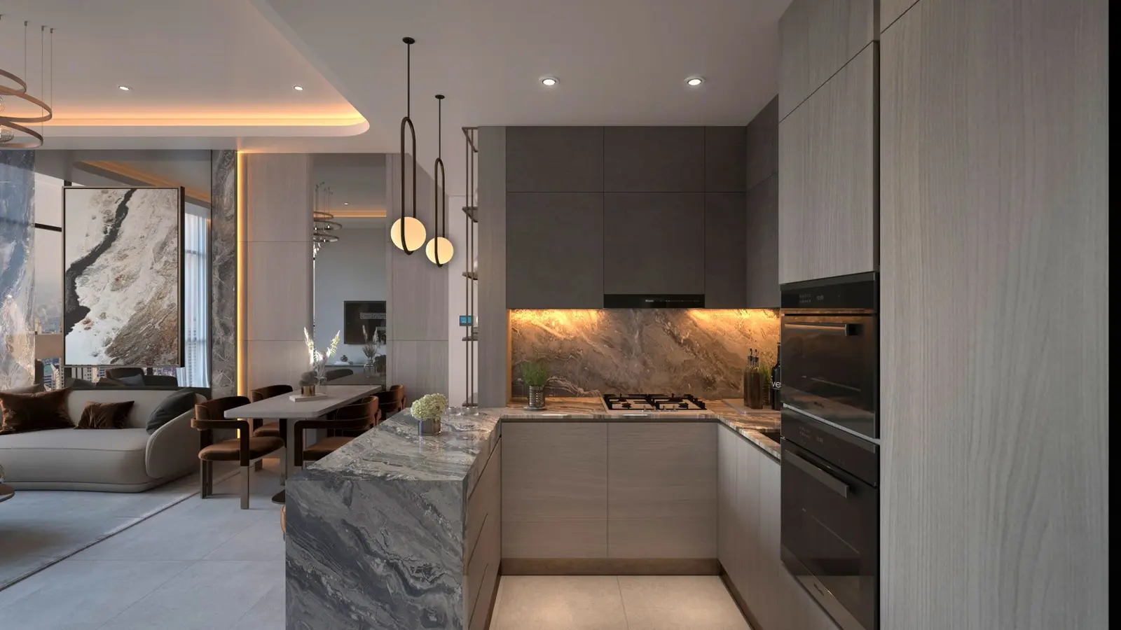 Kitchen with marble island and open living area