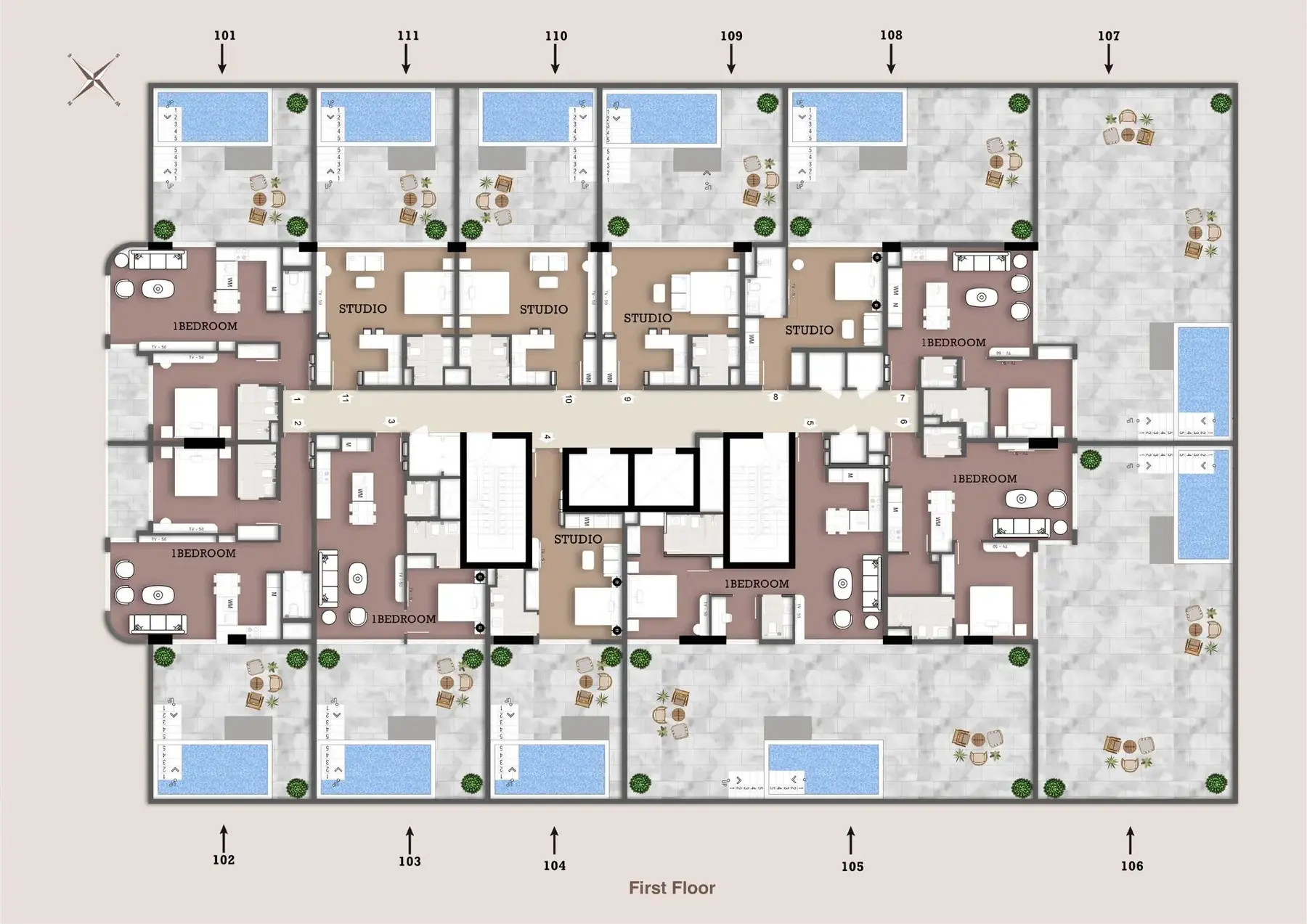 First floor plan with studios, 1-bedrooms and pools