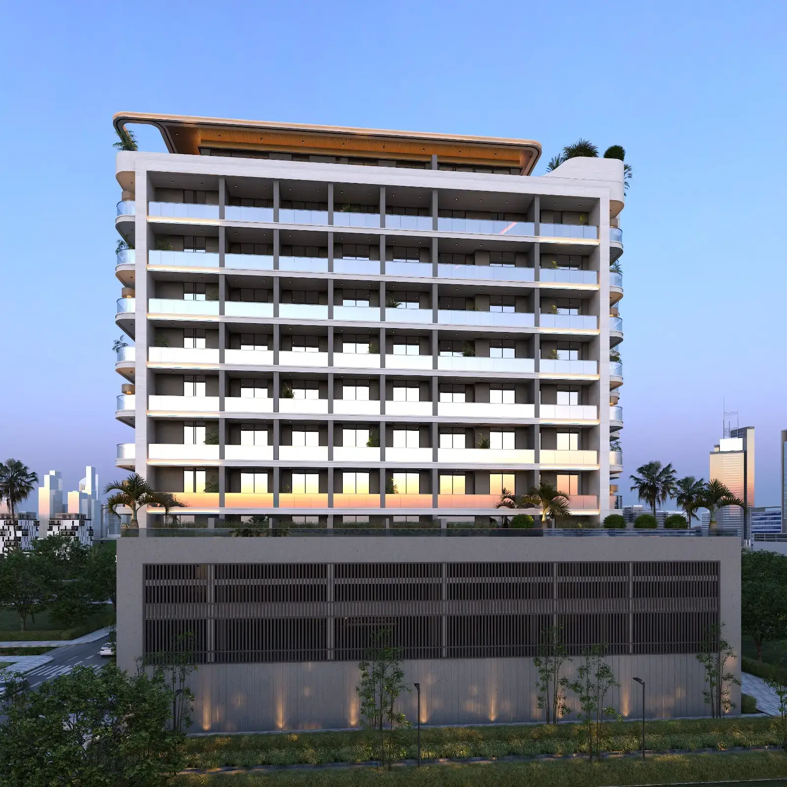 Front facade with balconies and rooftop canopy