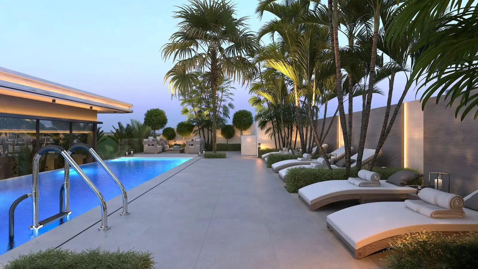 Rooftop pool deck with loungers and palms