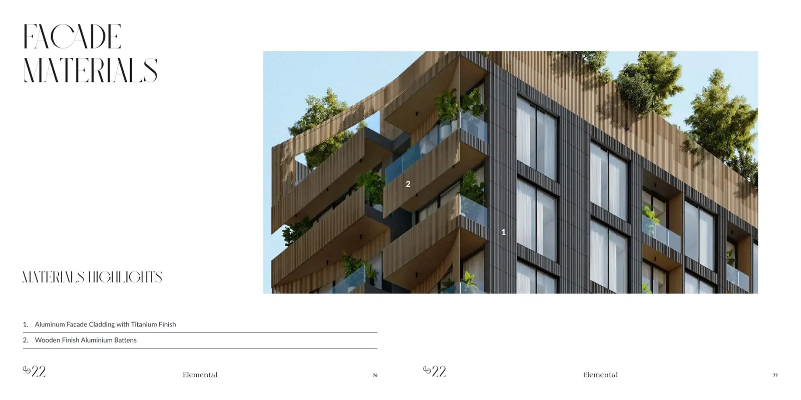 Facade close-up with titanium cladding and wooden battens