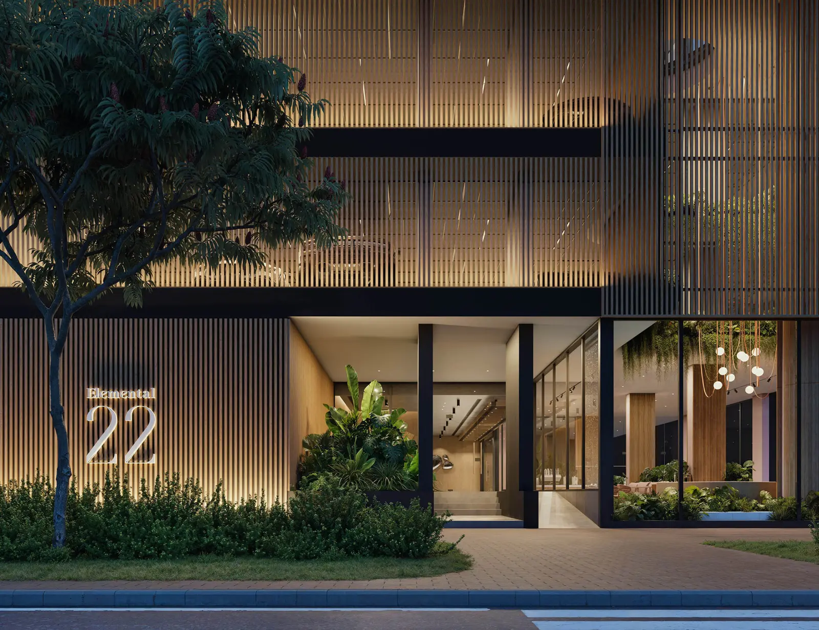 Entrance with timber battens and Elemental 22 sign
