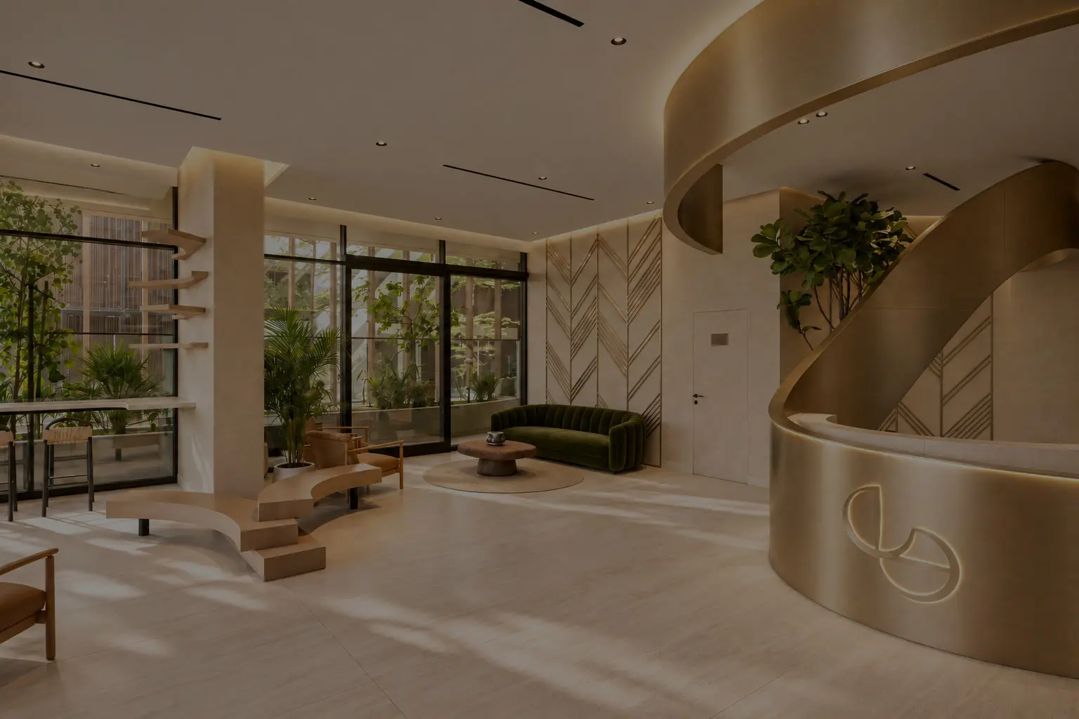 Lobby with curved brass reception desk and green sofa