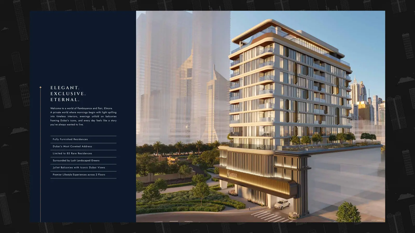 Elmora building with podium and street entrance among city towers