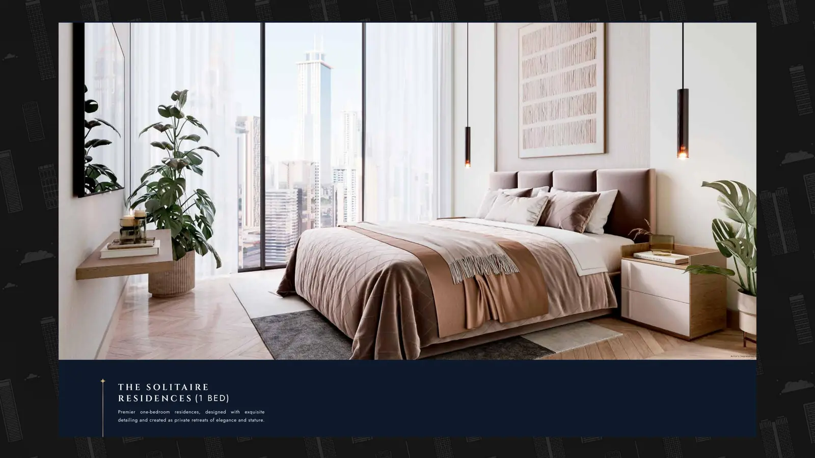 Bedroom of one-bedroom Solitaire residence with city view