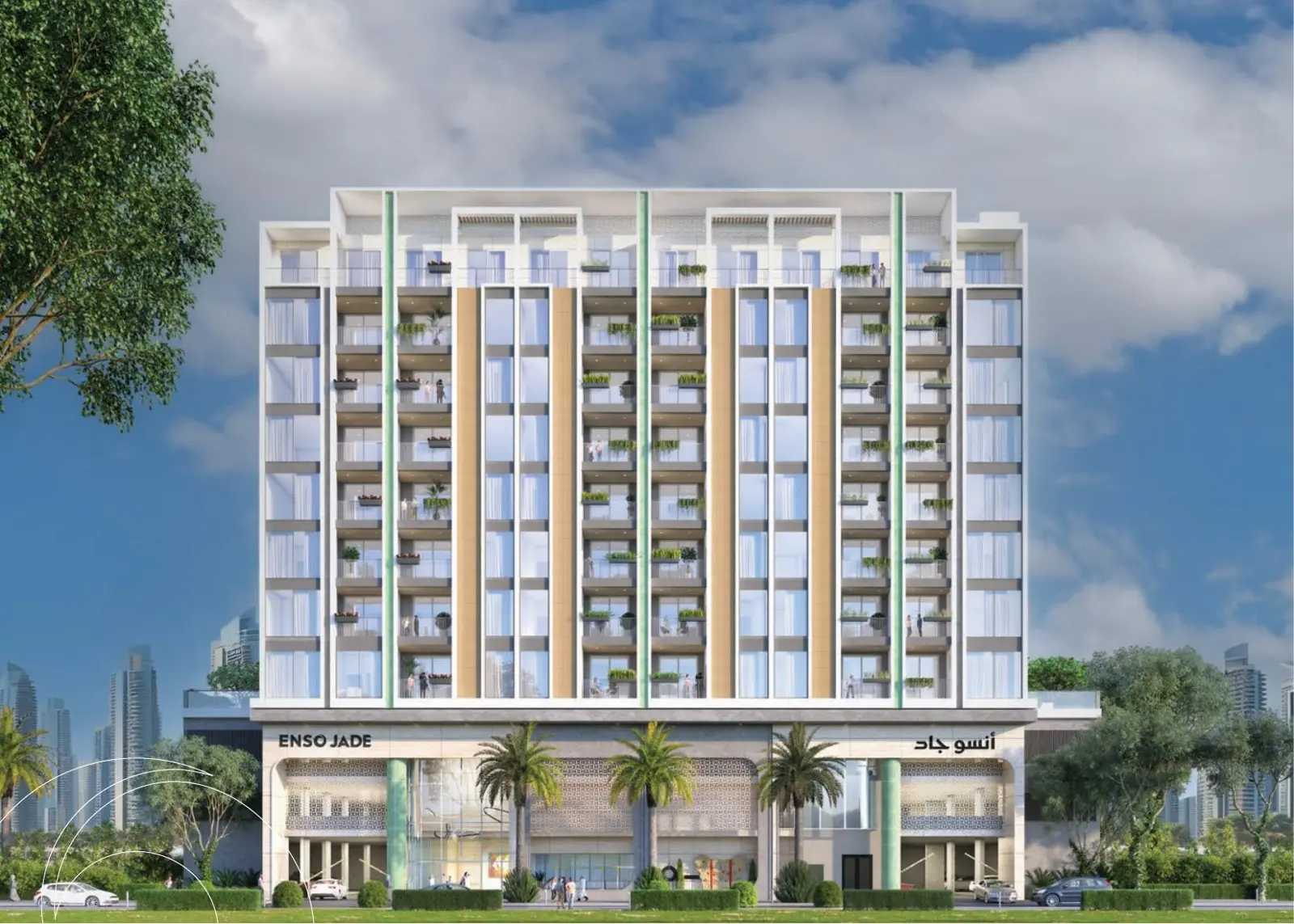 Front facade of the tower with balconies and palms