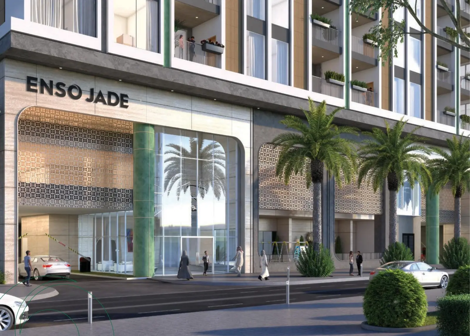 Entrance and podium of Enso Jade with palm trees