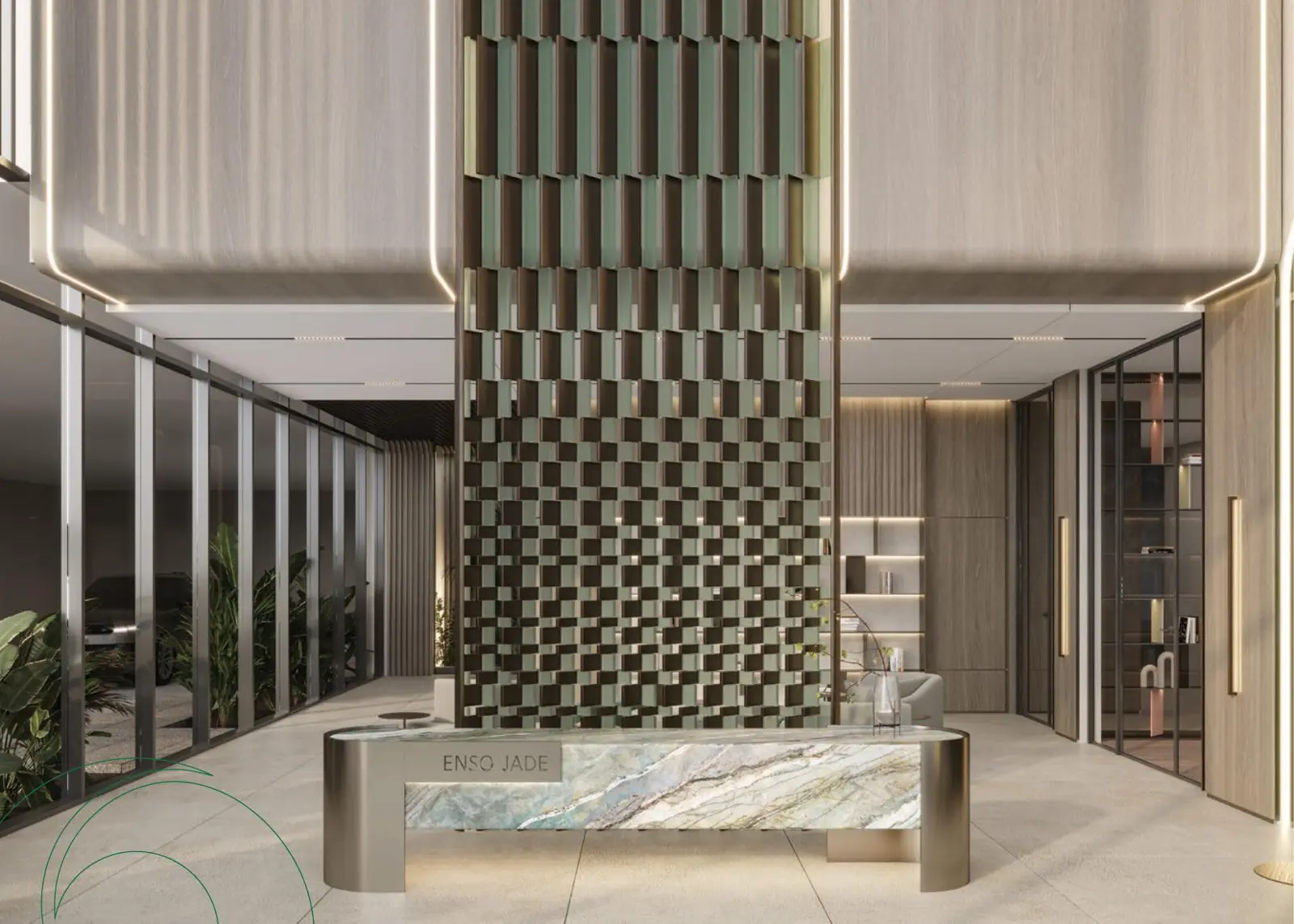 Lobby reception desk with patterned feature wall