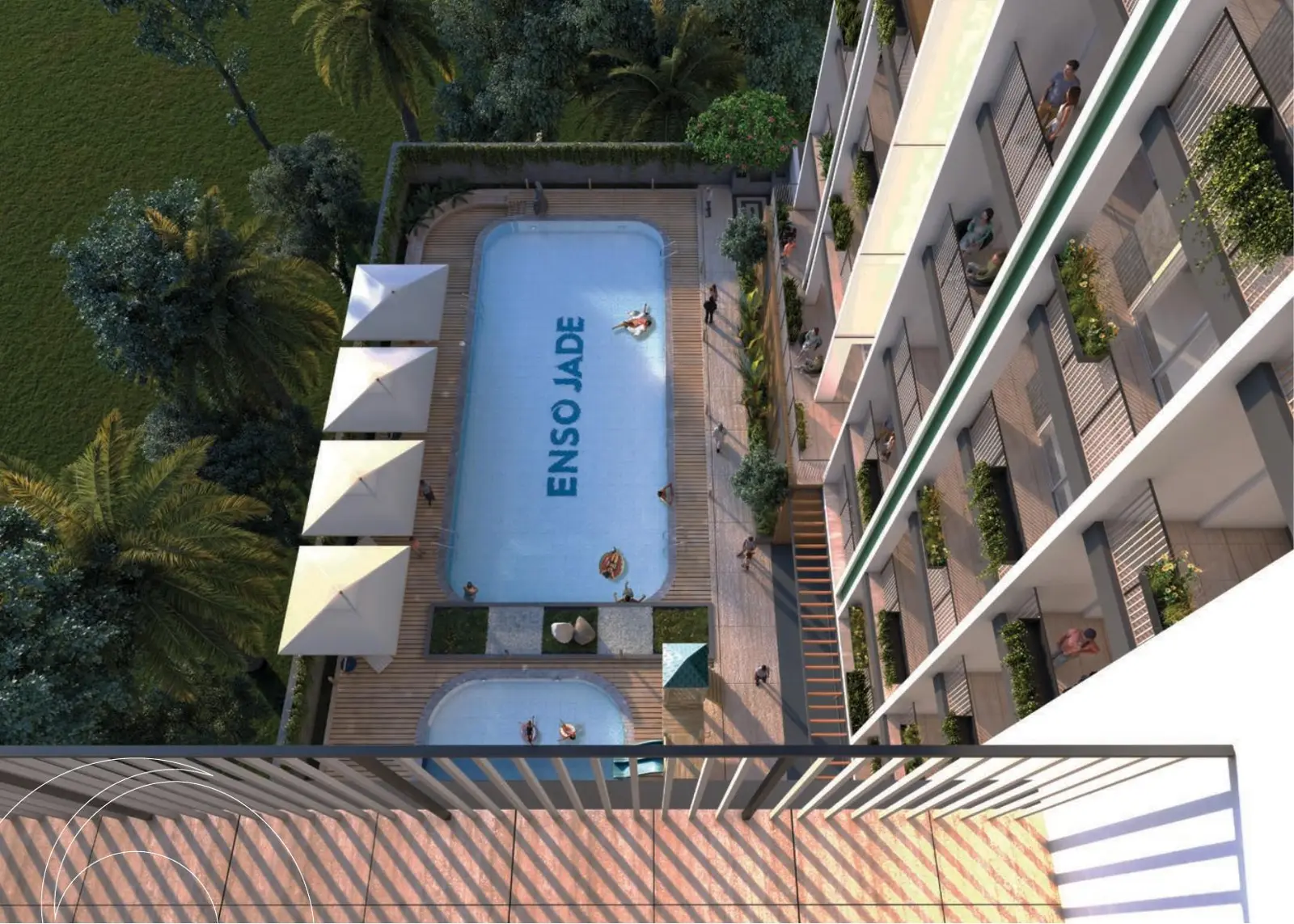 Aerial view of the pool deck beside the tower