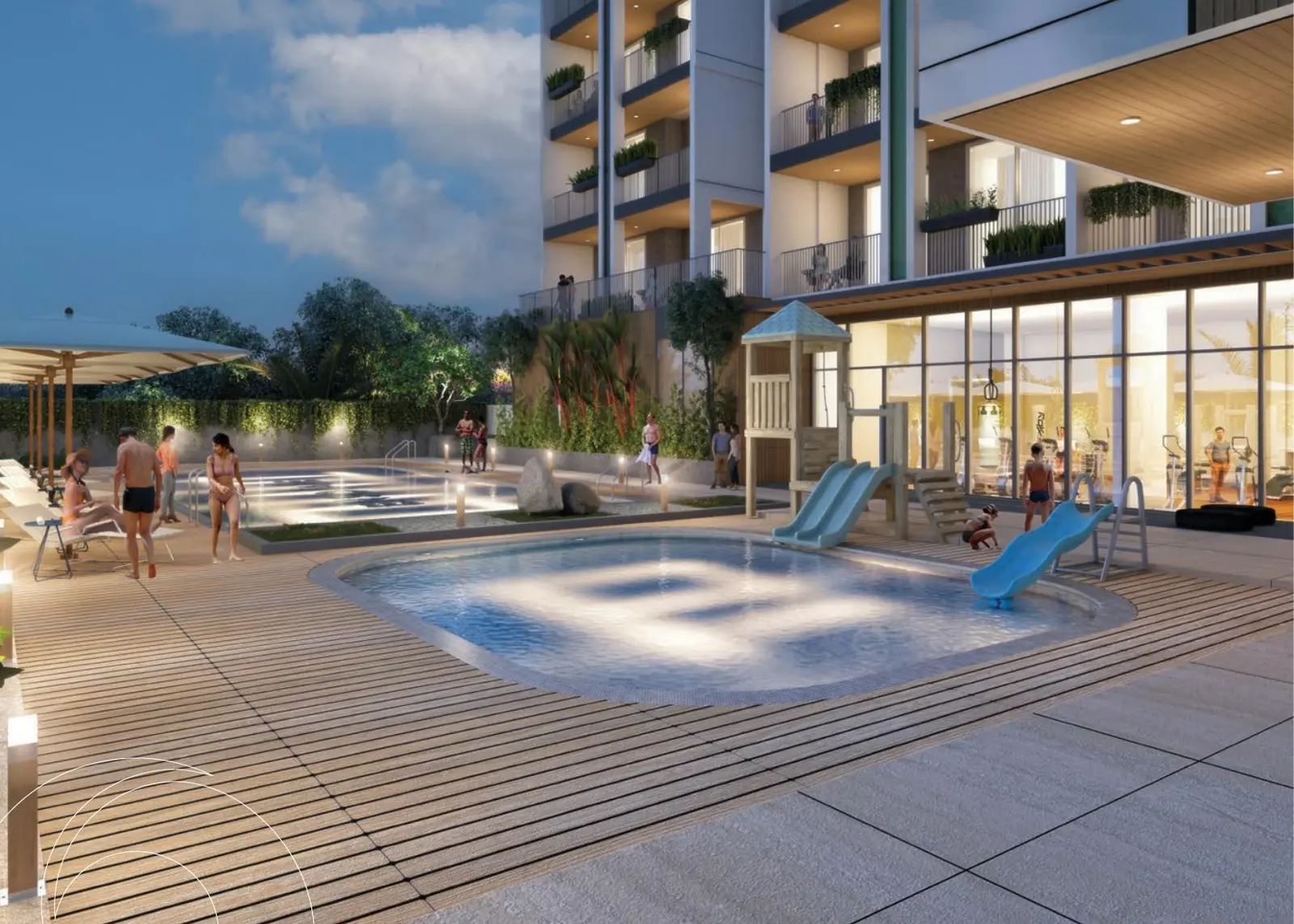 Pool deck with kids water slides and gym