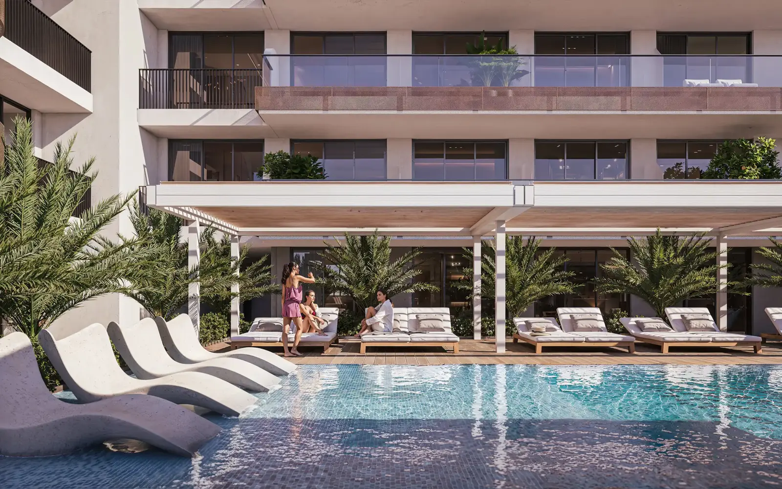 Project picture: Evergr1n House. Pool with sun loungers below the apartment terraces