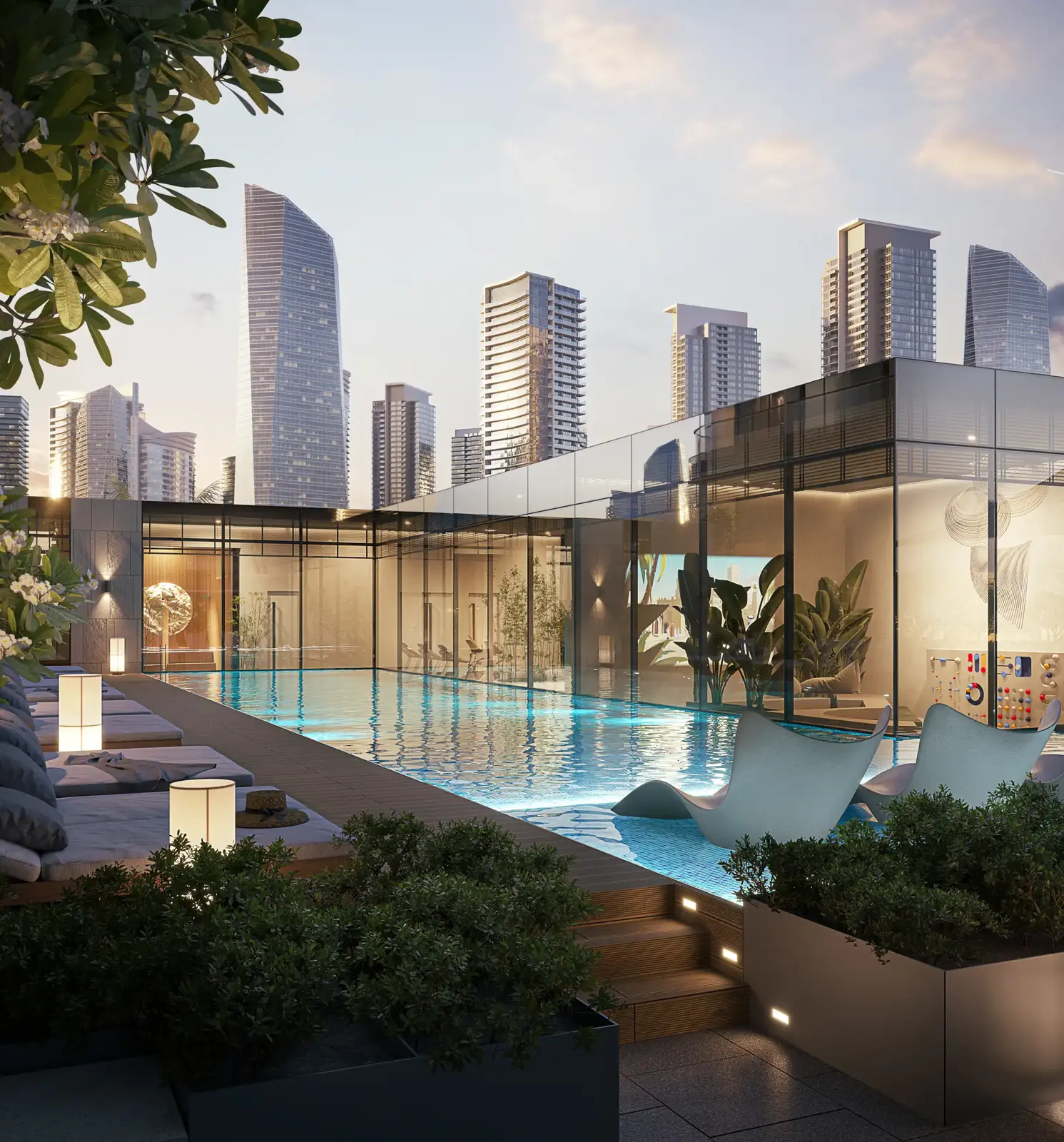 Project picture: Evergr1n House. Glass-walled pool deck at dusk with skyline