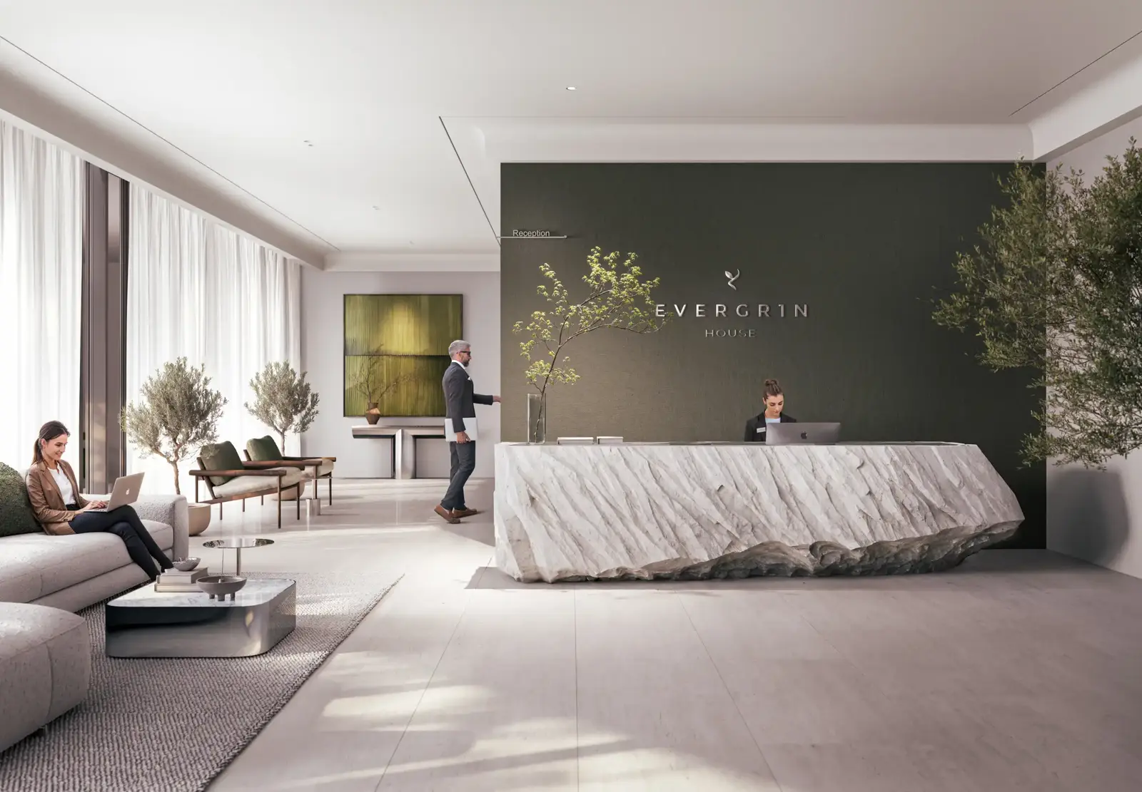 Project picture: Evergr1n House. Lobby with stone reception desk and seating