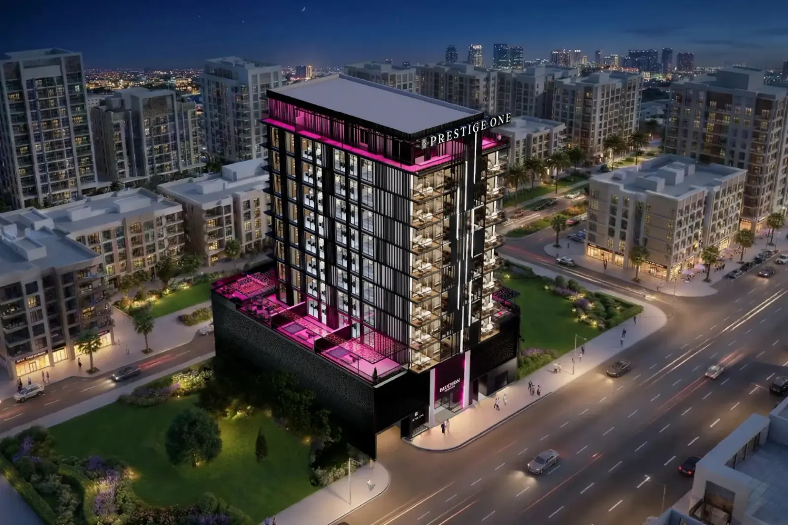 Tower at night with lit podium terraces