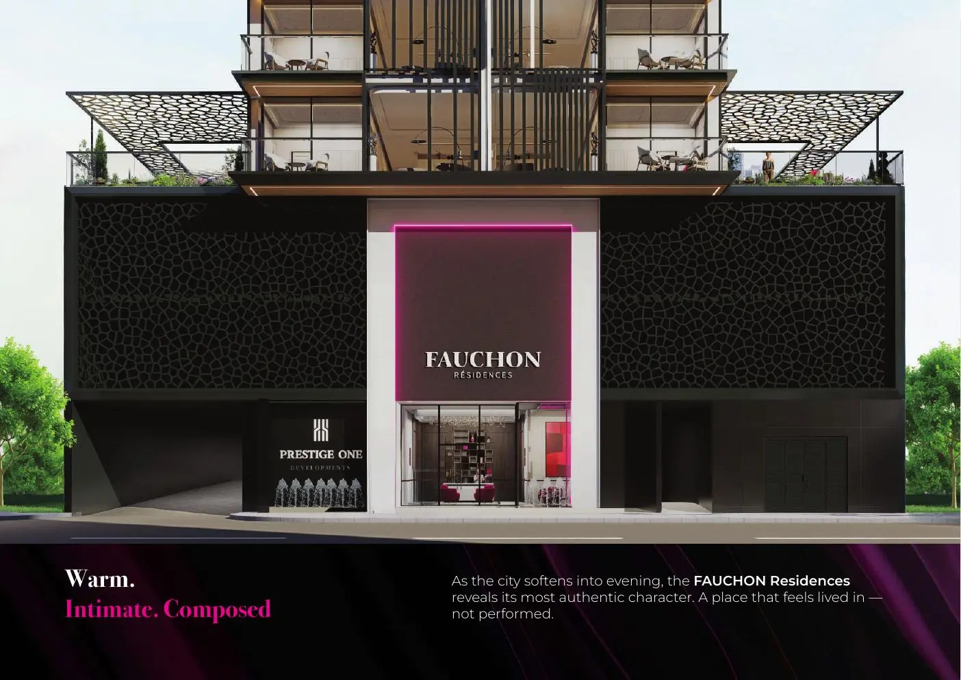 Entrance facade with Fauchon sign at dusk