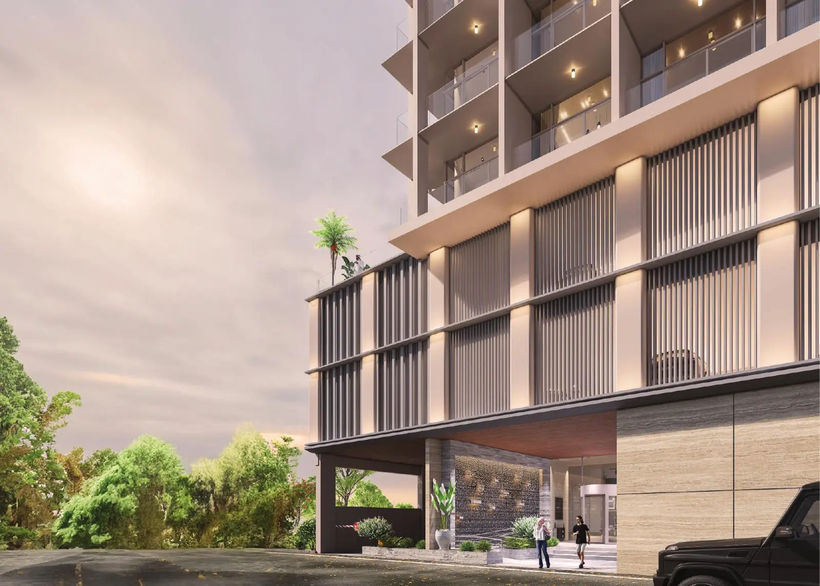 Entrance canopy and fin-clad podium facade