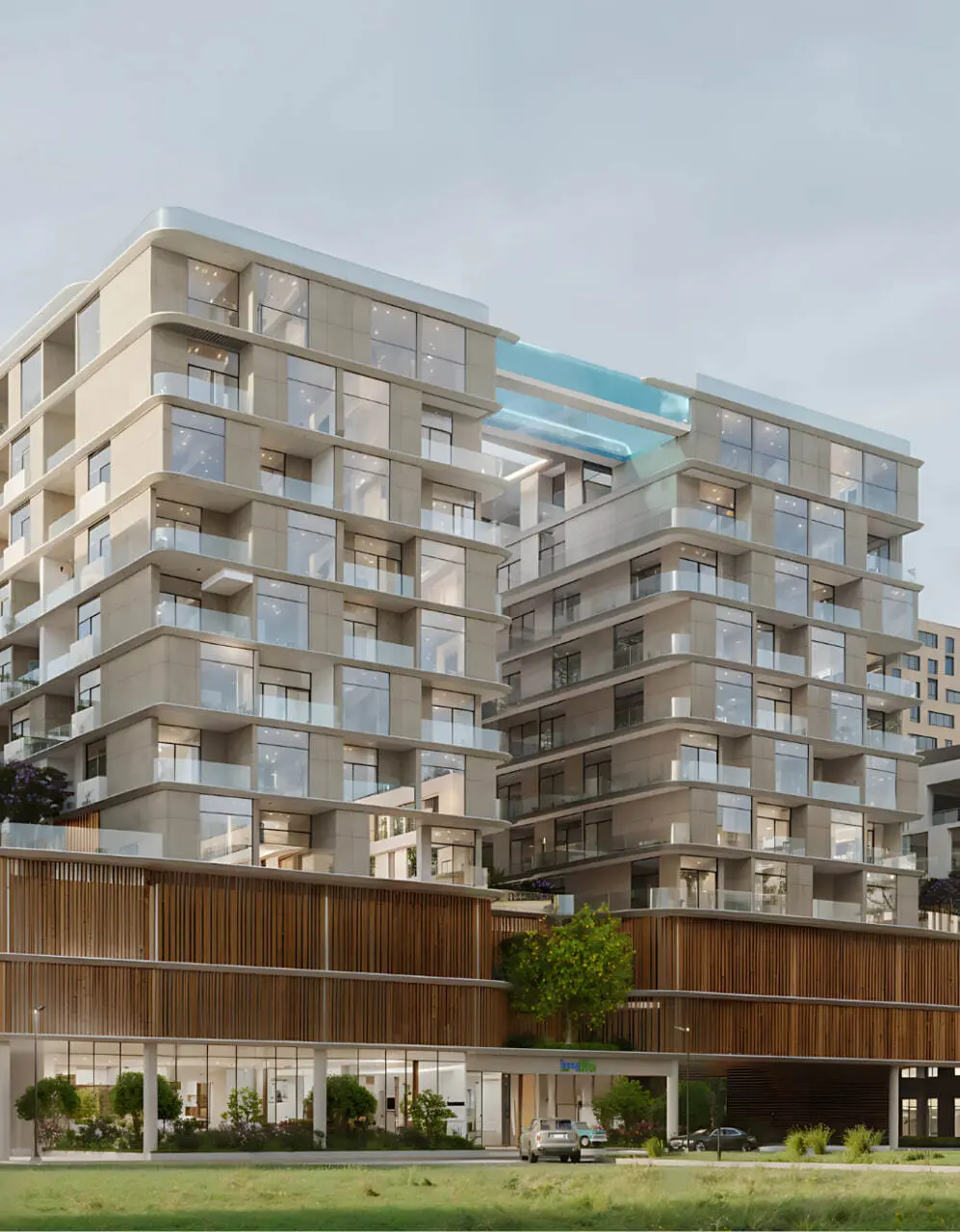 Side view of terraced facade with glass pool