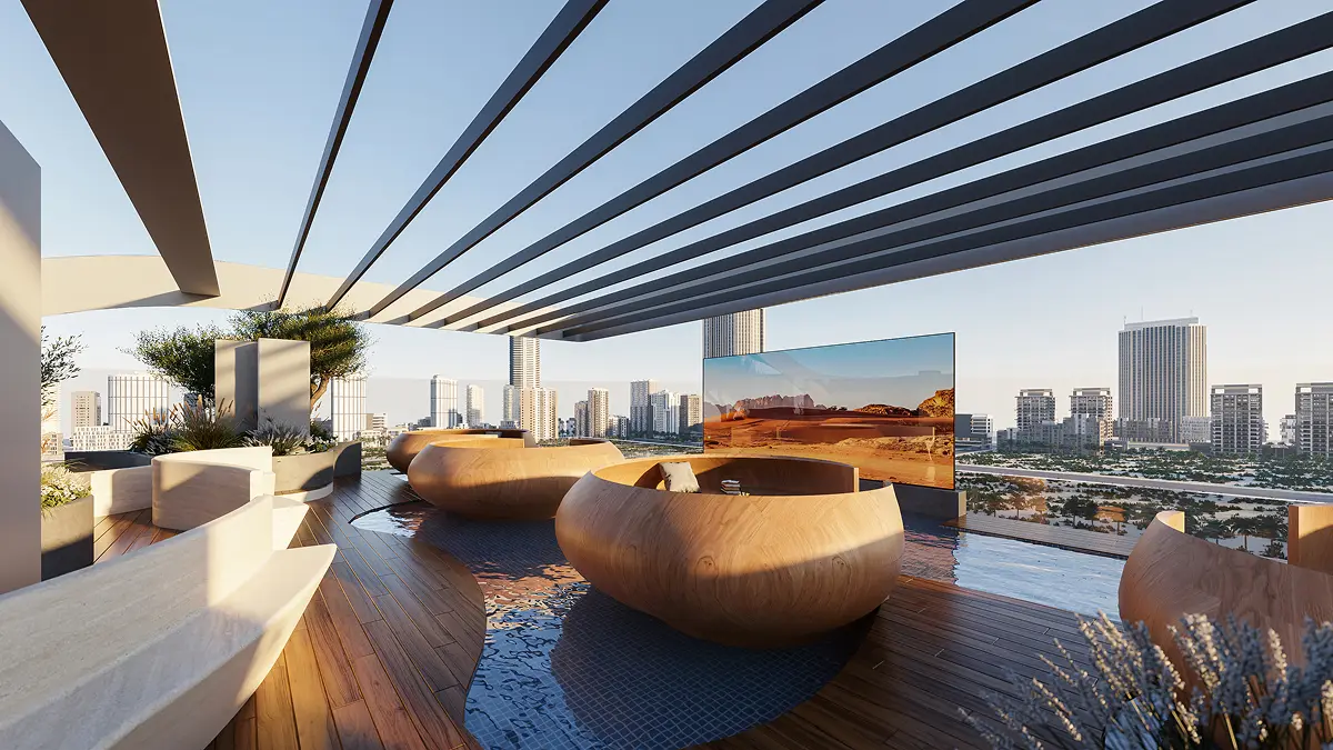 Rooftop aqua lounge with city skyline view
