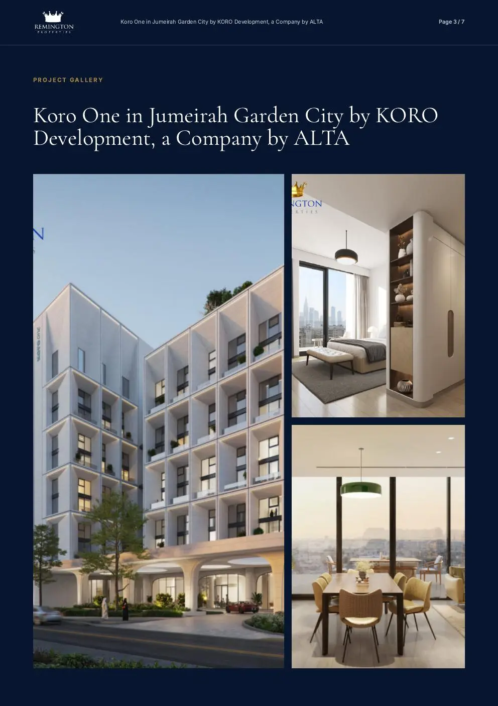 Facade render with bedroom and dining interior views