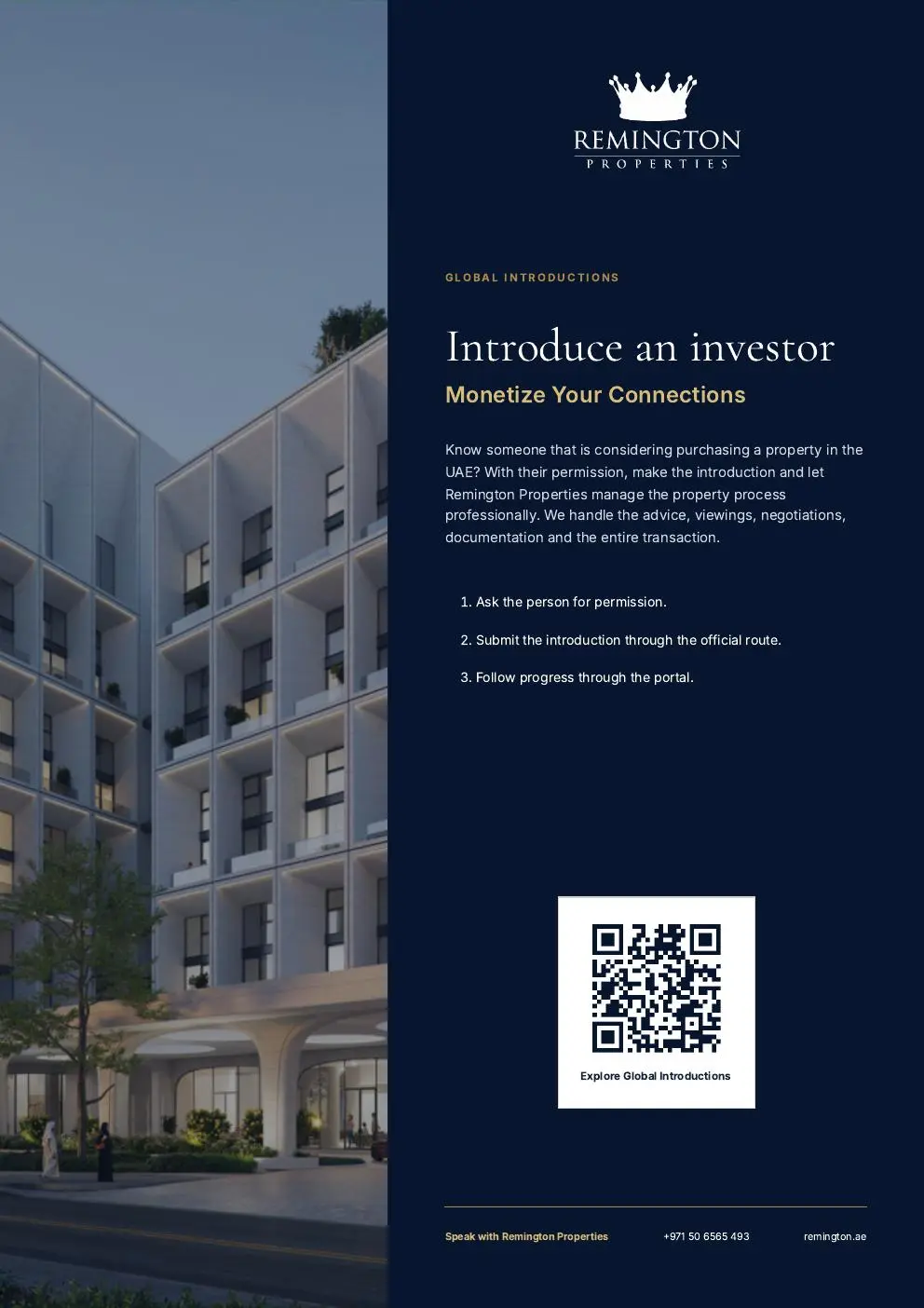 Dusk view of the building facade with investor introduction panel