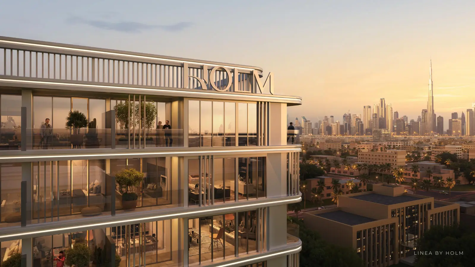 Façade with balconies and skyline view at dusk
