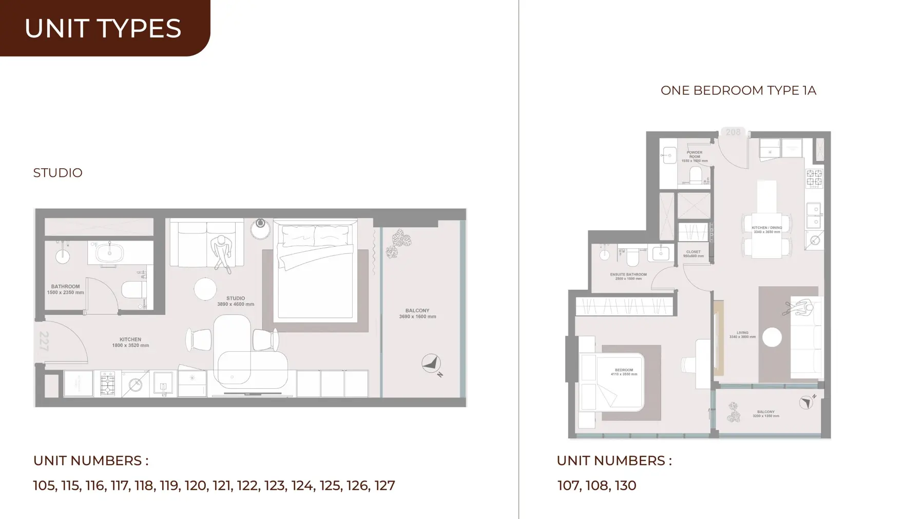 Studio and one-bedroom type 1A plans