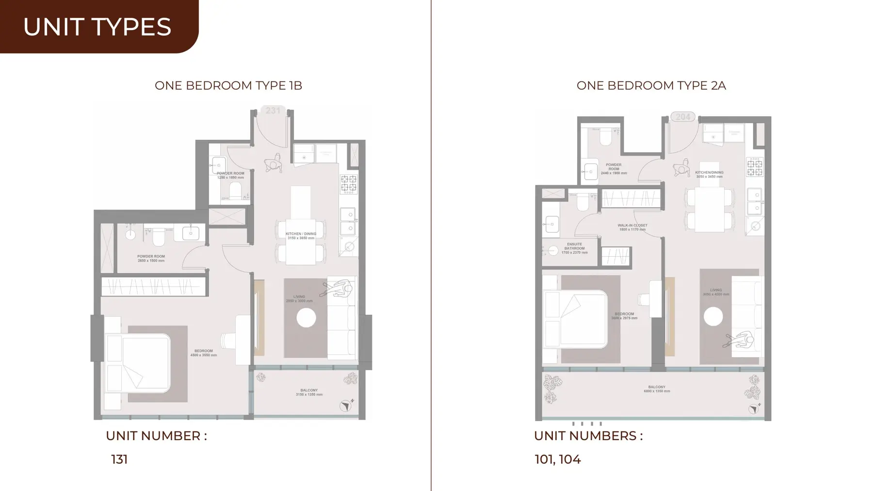 One-bedroom types 1B and 2A plans