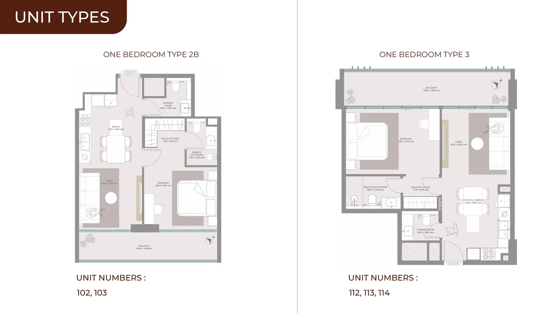 One-bedroom types 2B and 3 plans