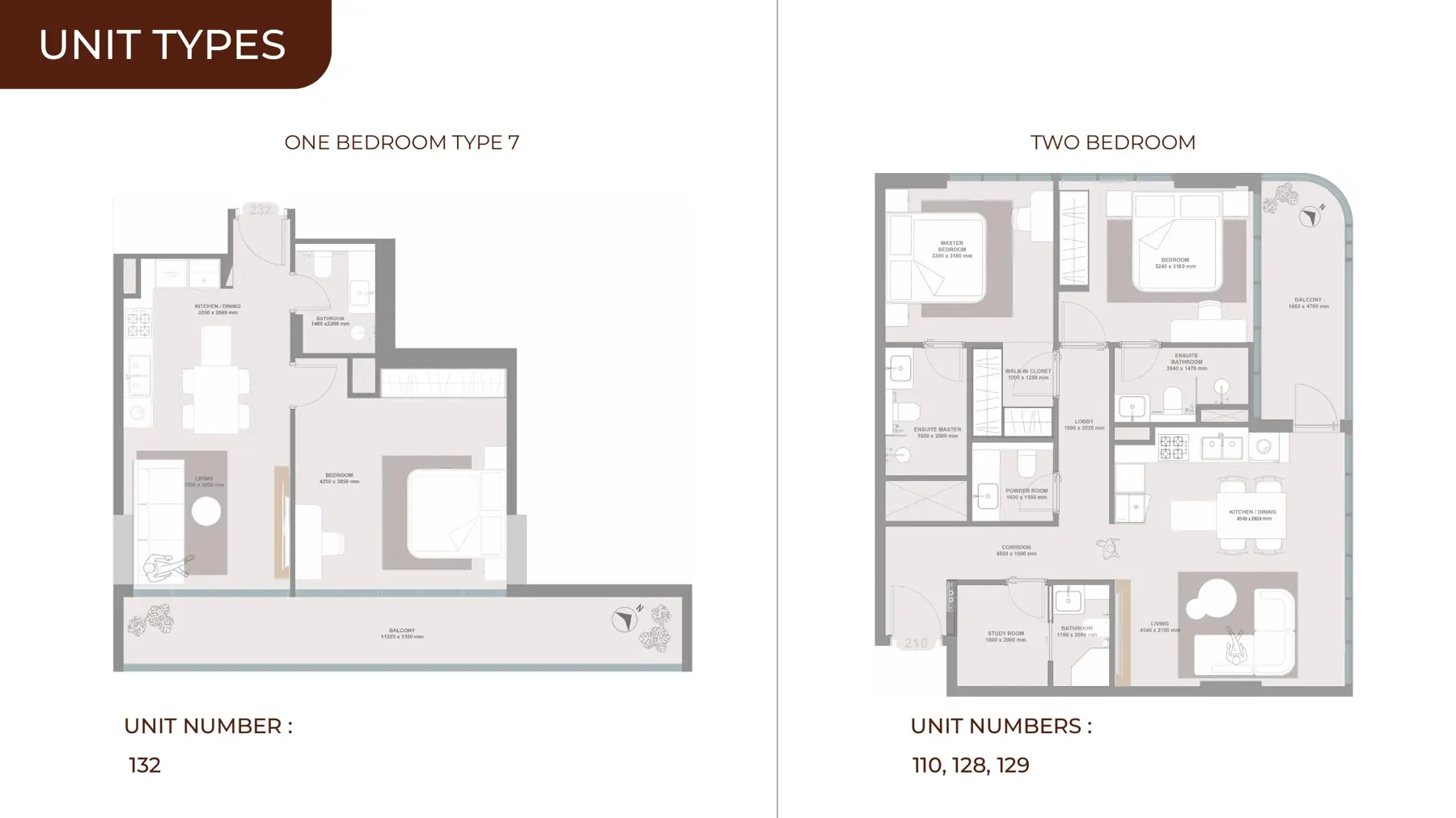 One-bedroom type 7 and two-bedroom plans