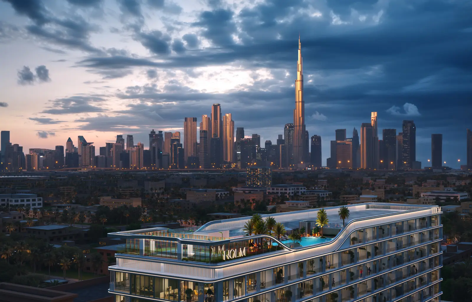 Rooftop pool and building against Dubai skyline at dusk