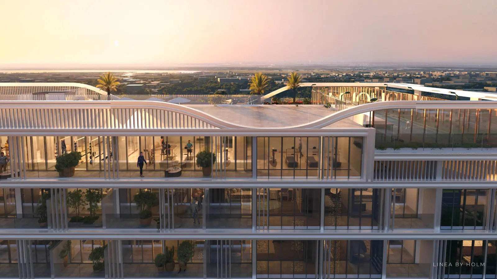 Upper floors and gym level at sunset