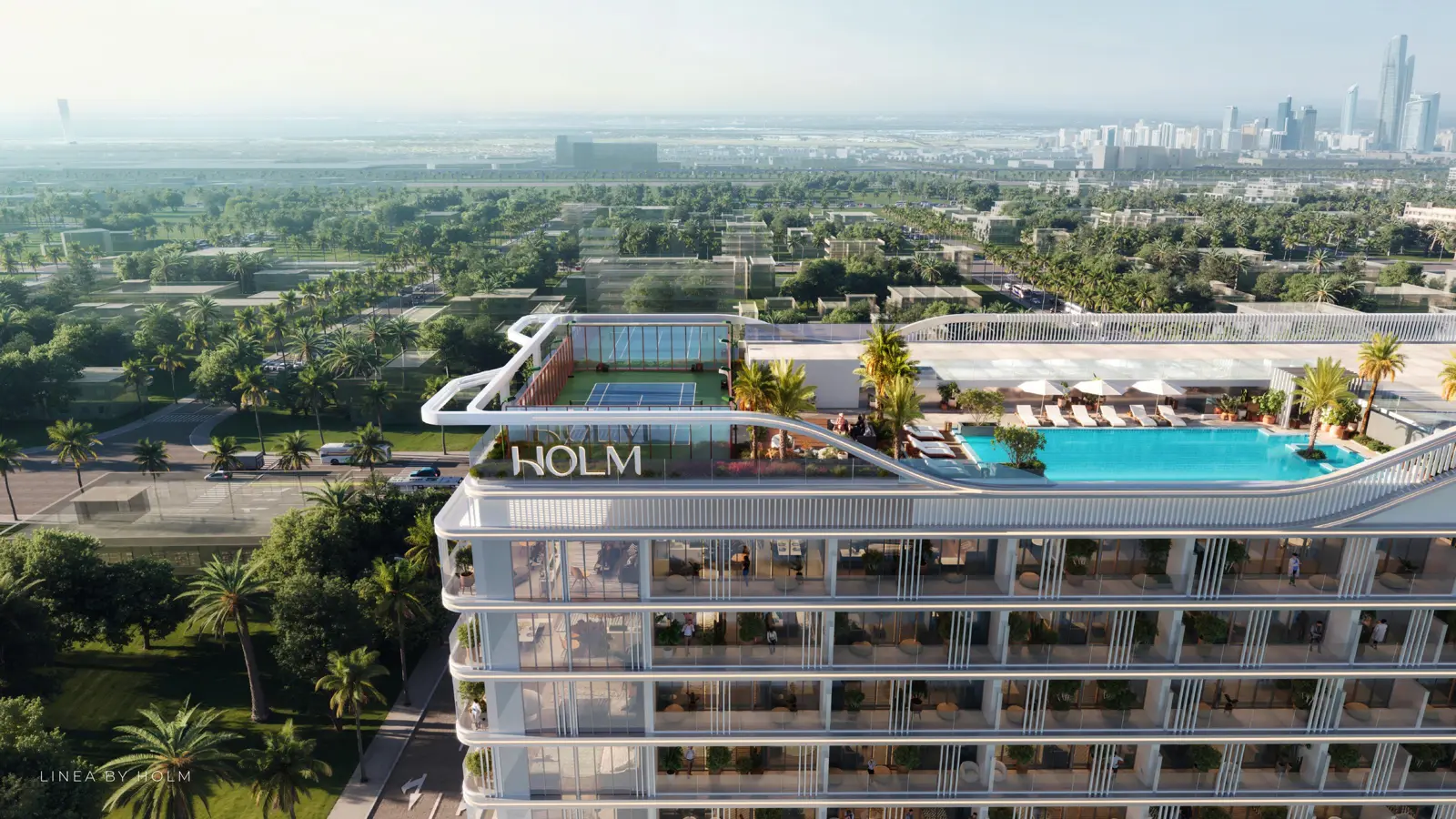 Aerial view of rooftop pool and padel court