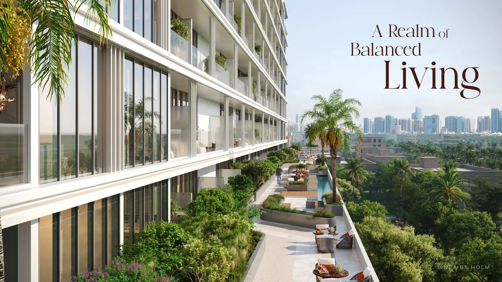 Landscaped terrace with pool beside the building