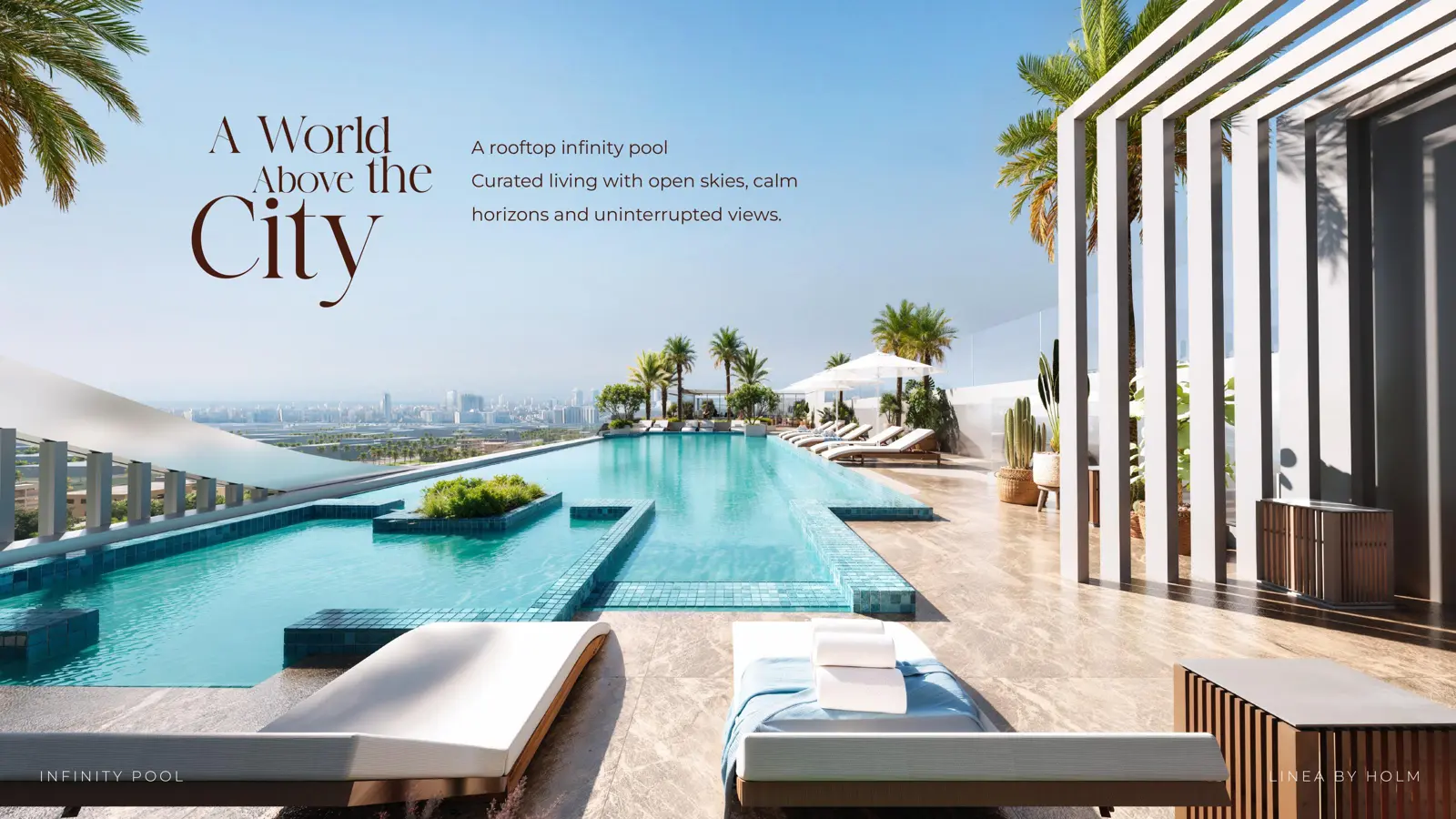 Rooftop infinity pool with loungers and city view