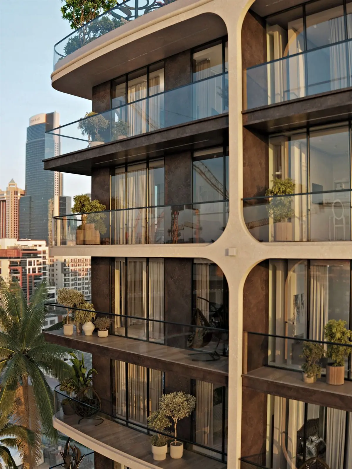 Facade with curved balconies and planters