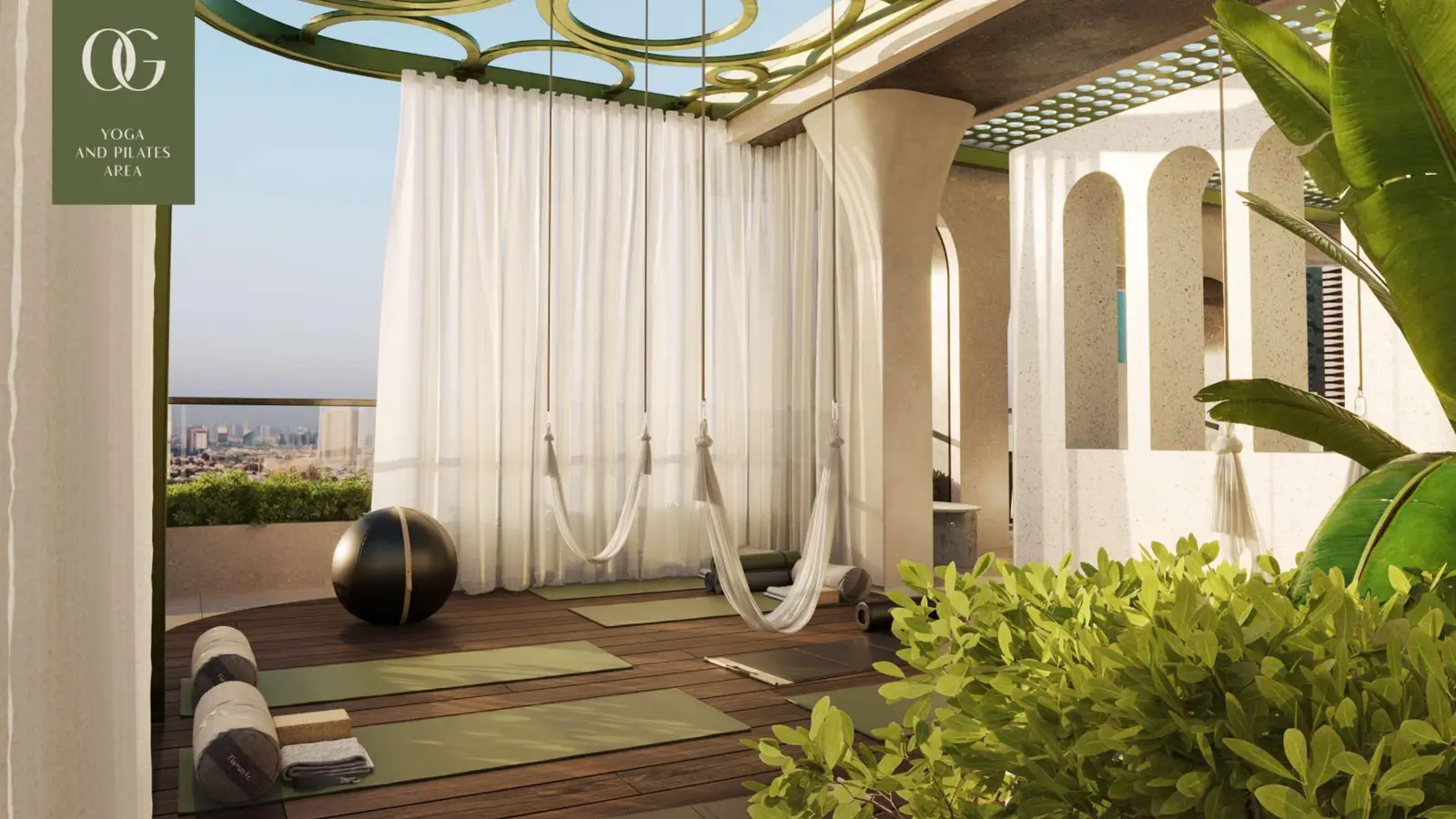Yoga and pilates area with hanging hammocks