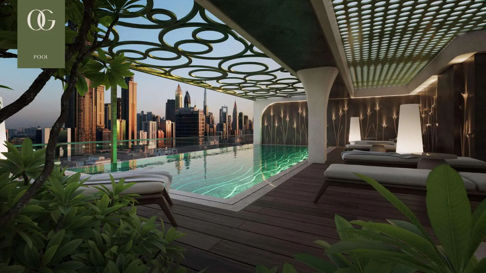 Rooftop pool with Dubai skyline view