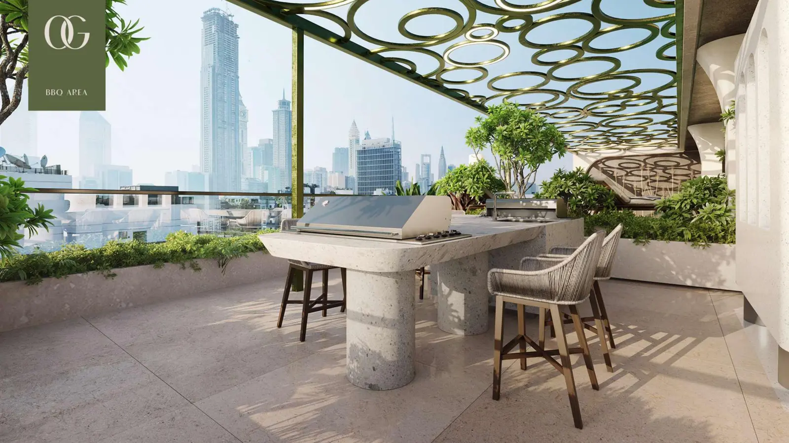 BBQ area on the terrace with city view