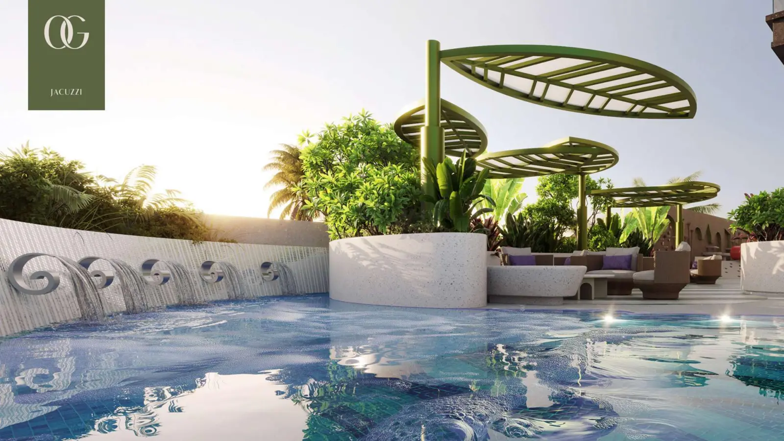 Jacuzzi with water feature and leaf shades