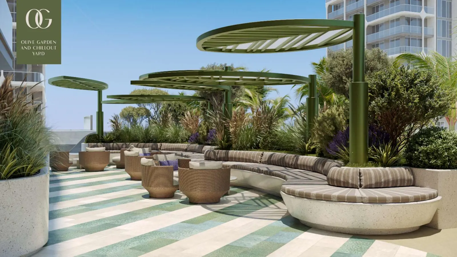 Olive garden and chillout yard with seating