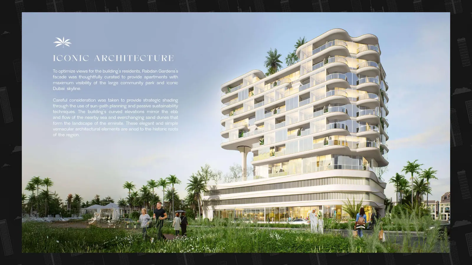 Curved white building with balconies and landscaped park