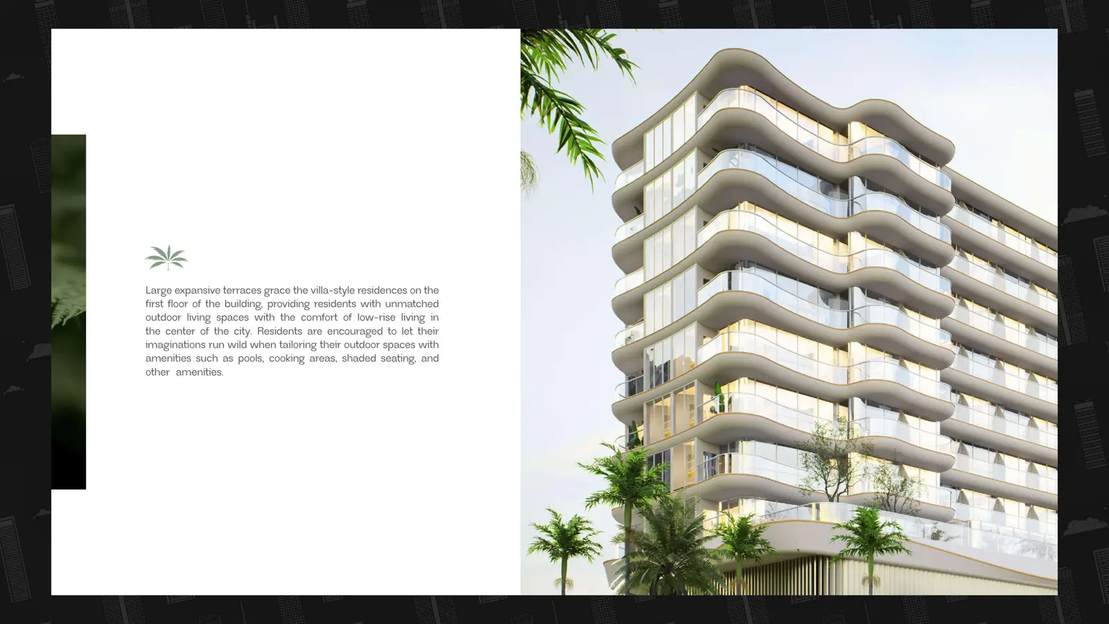 Close view of curved balcony facade