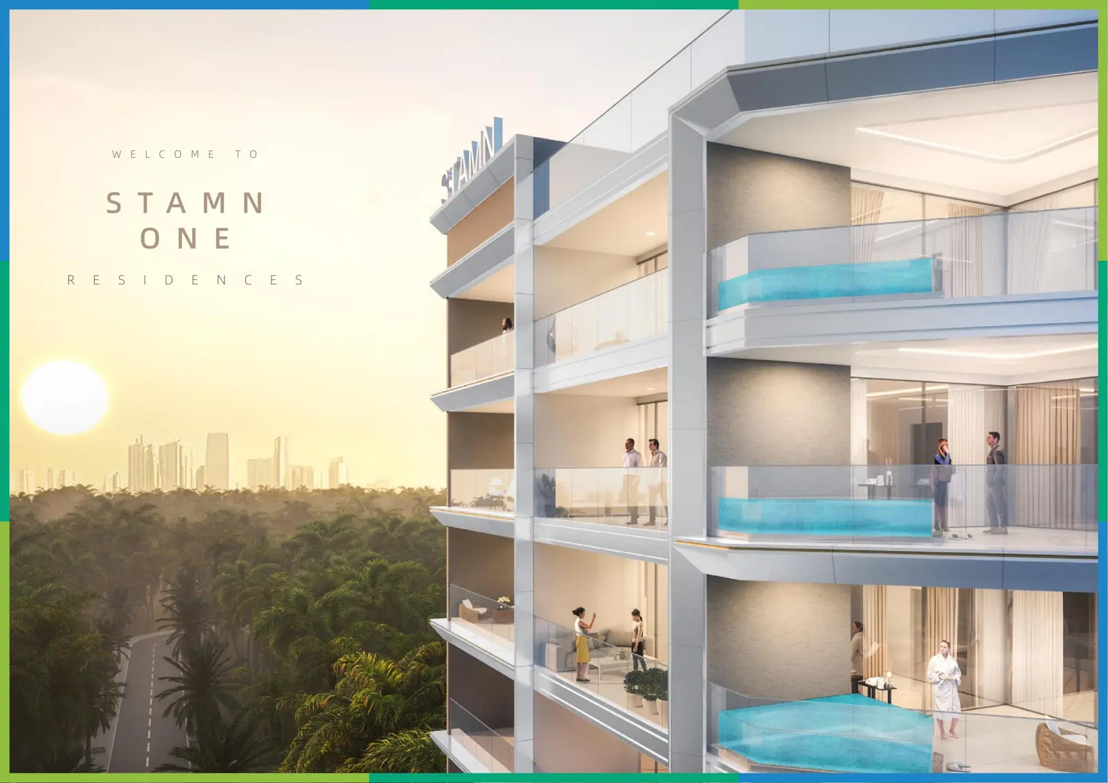 Balconies with glass pools at sunset