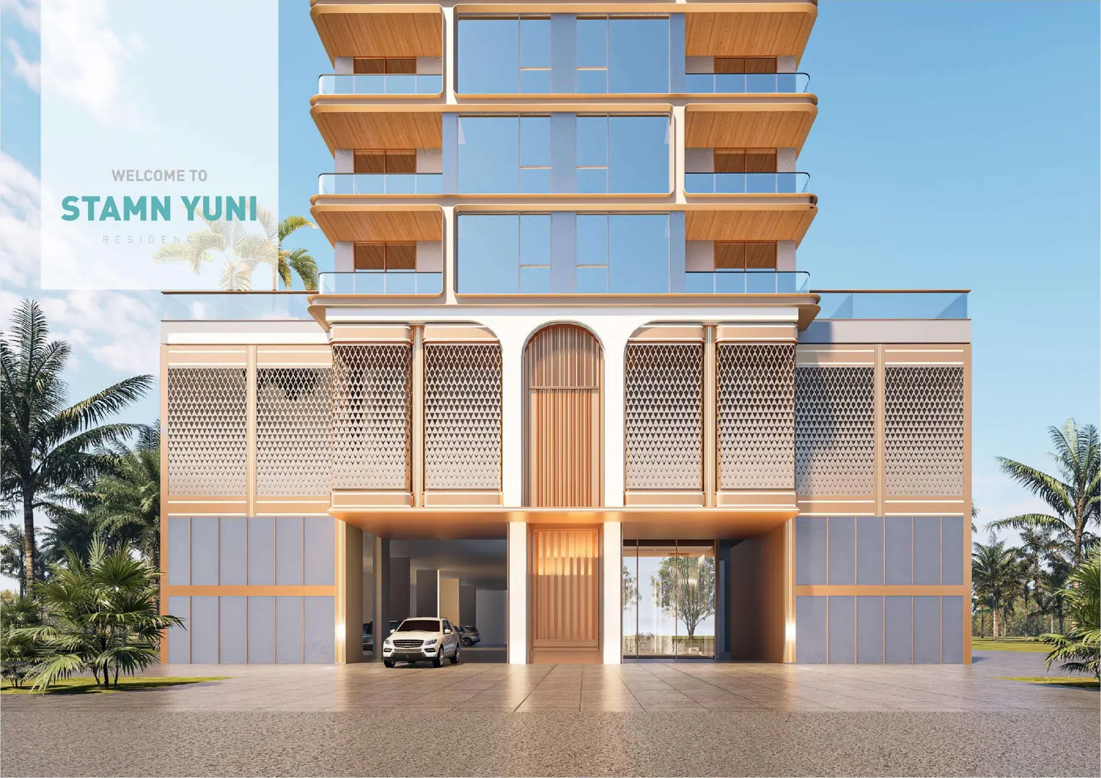 Entrance facade with timber balconies and screens