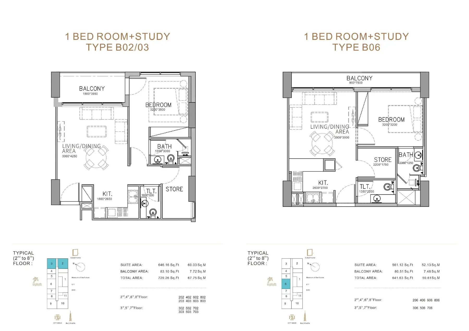 One-bedroom plus study plans B02/03 and B06