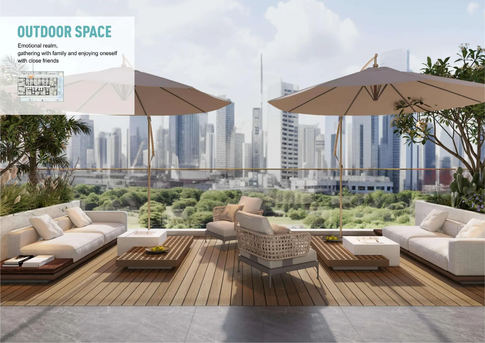 Outdoor lounge deck with skyline view