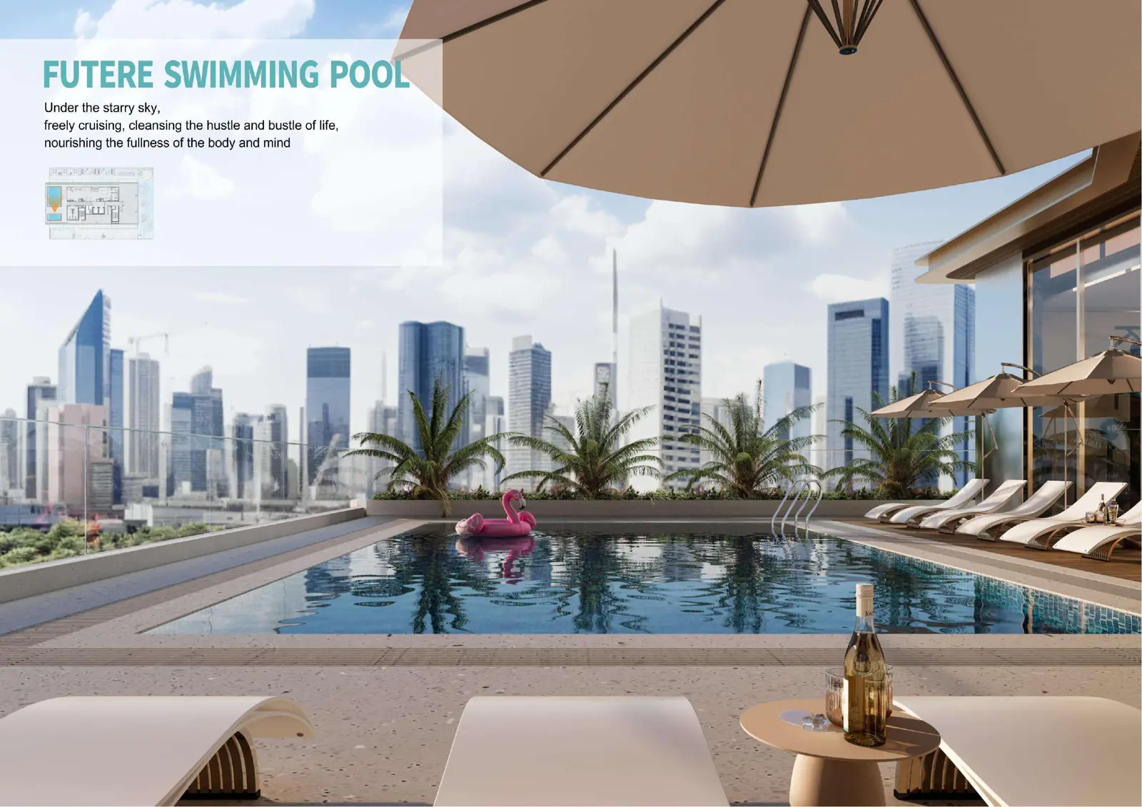 Rooftop swimming pool with loungers
